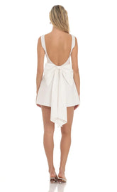 High Neck Back Bow Dress In White