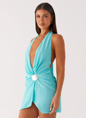 Eleanora Plunge Mini Dress - Turquoise