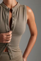 Sheveta Form-Ribbed Button-Down Tank Top - Latte Taupe