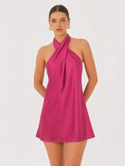 Satin Cross Halter Dress In Magenta