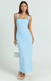 Salome Midi Dress - Halter Neck Column Dress in Blue