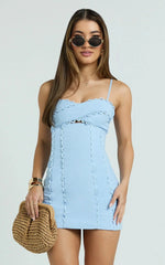 Gigi Mini Linen Blend Dress Sweetheart Tie Back Scallop Detail Dress in Blue