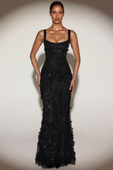 Embellished Appliqué Soft-Scoop Corset Gown In Black