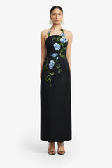 Ava Halterneck Appliqué Floral Bustier Maxi Dress - Vine Print in Ebony