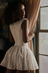 White Cotton Broderie Anglaise Boat Neck Mini Dress