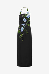 Ava Halterneck Appliqué Floral Bustier Maxi Dress - Vine Print in Ebony