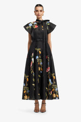 Elsie Flutter Sleeve Midi Dress - Lemon Vine Print in Ebony