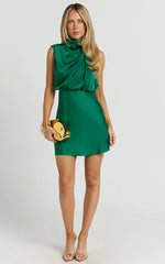 Schantal Mini Dress - Drape Neck Satin Slip Dress in Emerald