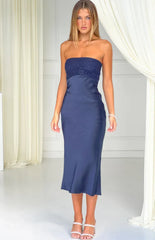 Audrey Navy Lace Strapless Midi Dress