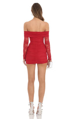 Off Shoulder Long Sleeve Lace Dress in Red