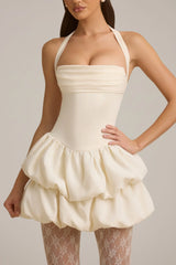 Halterneck Layered Bubble Hem Corset Mini Dress In Ivory
