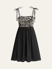 Embroidered Midi Dress With Tie-Up Straps