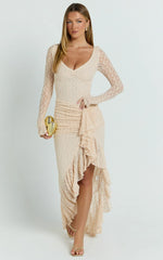 Rhea Maxi Dress - Long Sleeve Ruched Ruffle Hem Dress in Blush