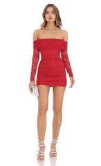 Off Shoulder Long Sleeve Lace Dress in Red