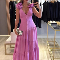 Fiammeta | Women's V-Neck Ruffle Elegant Maxi Dress