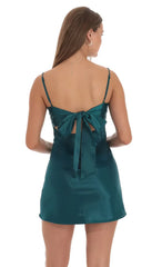 Satin Sweetheart Neck Dress In Teal Green