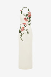 Ava Halterneck Appliqué Floral Bustier Maxi Dress - Vine Print in Snow