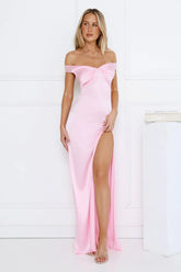 Spark Babe Off Shoulder Satin Maxi Dress Pink