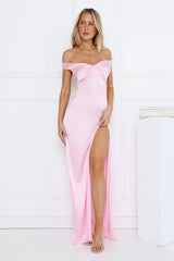 Spark Babe Off Shoulder Satin Maxi Dress Pink