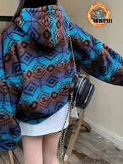 Geometric Pattern Fleece Zip-Up Jacket