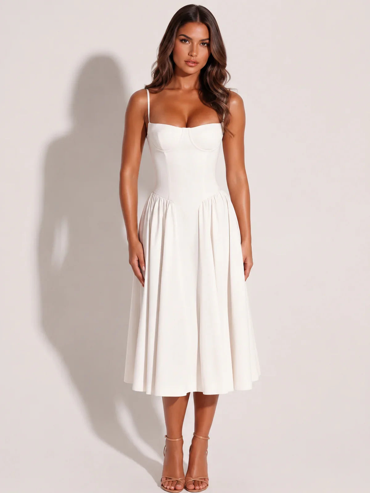 White Midi Dress With Sweetheart Neckline And Hidden Pockets