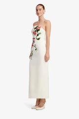 Ava Halterneck Appliqué Floral Bustier Maxi Dress - Vine Print in Snow