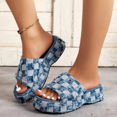 Checkered Frayed Edge Platform Sandals