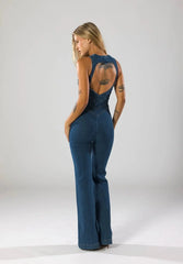 Duttini | Fitted Denim Jumpsuit With Plunge Neck And Flared Legs