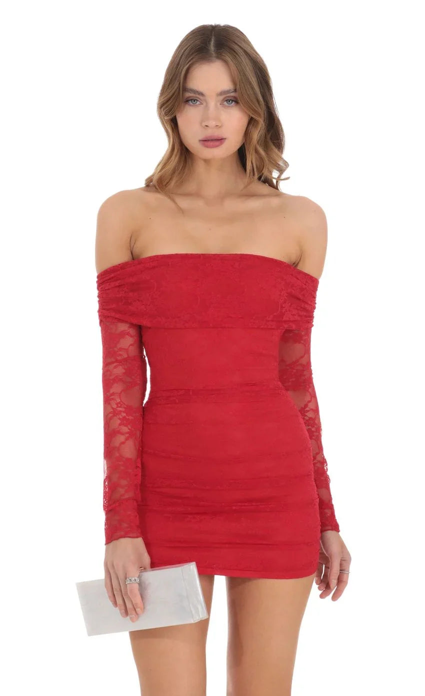 Off Shoulder Long Sleeve Lace Dress in Red