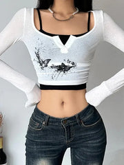Butterfly Print Square Neck Ruched Crop Long Sleeve Knit
