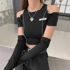 Long sleeve off shoulder patchwork ribbed top