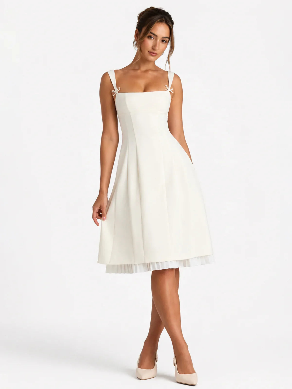 Bow-Detail Pleated A-Line Midi Dress In Ivory