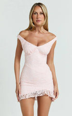 Judai Mini Dress Lace Off Shoulder A Line Dress in Pink