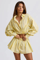 Cotton Poplin Stripe Pleated Shorts In Yellow Stripe