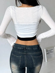 Butterfly Print Square Neck Ruched Crop Long Sleeve Knit