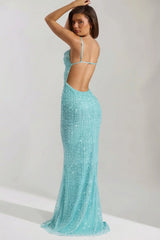 Embellished Cowl-Neck Backless Maxi Dress In Aqua Blue