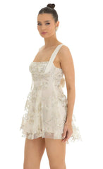Floral Sequin Tulle Dress In White