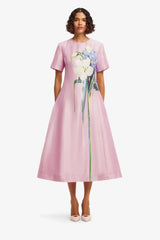 Caroline Short Sleeve Midi Dress - Bouquet Print in Pastel Pink
