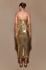 Cassia Strapless Sequin Rose Midi Dress - Gold