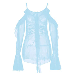 Long flared sleeve Off shoulder sheer mesh ruffle mini dress