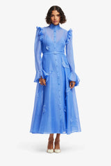 Katrina Appliqué Butterfly Sleeve Midi Dress - Azure