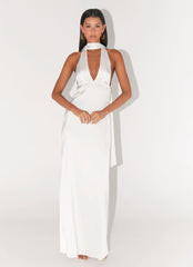 Alicia Satin Halter Maxi Dress - White