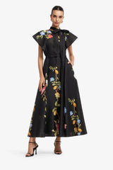 Elsie Flutter Sleeve Midi Dress - Lemon Vine Print in Ebony