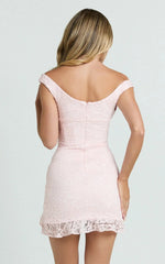 Judai Mini Dress Lace Off Shoulder A Line Dress in Pink