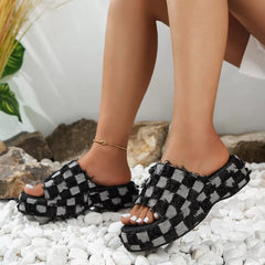 Checkered Frayed Edge Platform Sandals