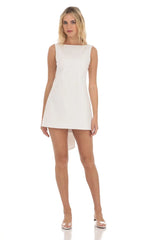High Neck Back Bow Dress In White