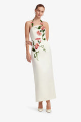 Ava Halterneck Appliqué Floral Bustier Maxi Dress - Vine Print in Snow