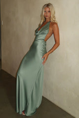 Jessa Plunge Halter Neck Maxi Dress - Olive
