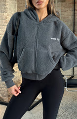 Always First Teddy Borg Boxy Zip Front Hoodie Charcoal