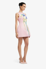 Ali Embroidered Boat Neck Mini Dress - Bouquet Print in Pastel Pink